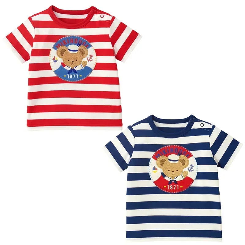 

T Shirt Kids Clothes Boys Summer New Kids Cartoon Navy Bear Striped Short Sleeve T-shirt Top Girl