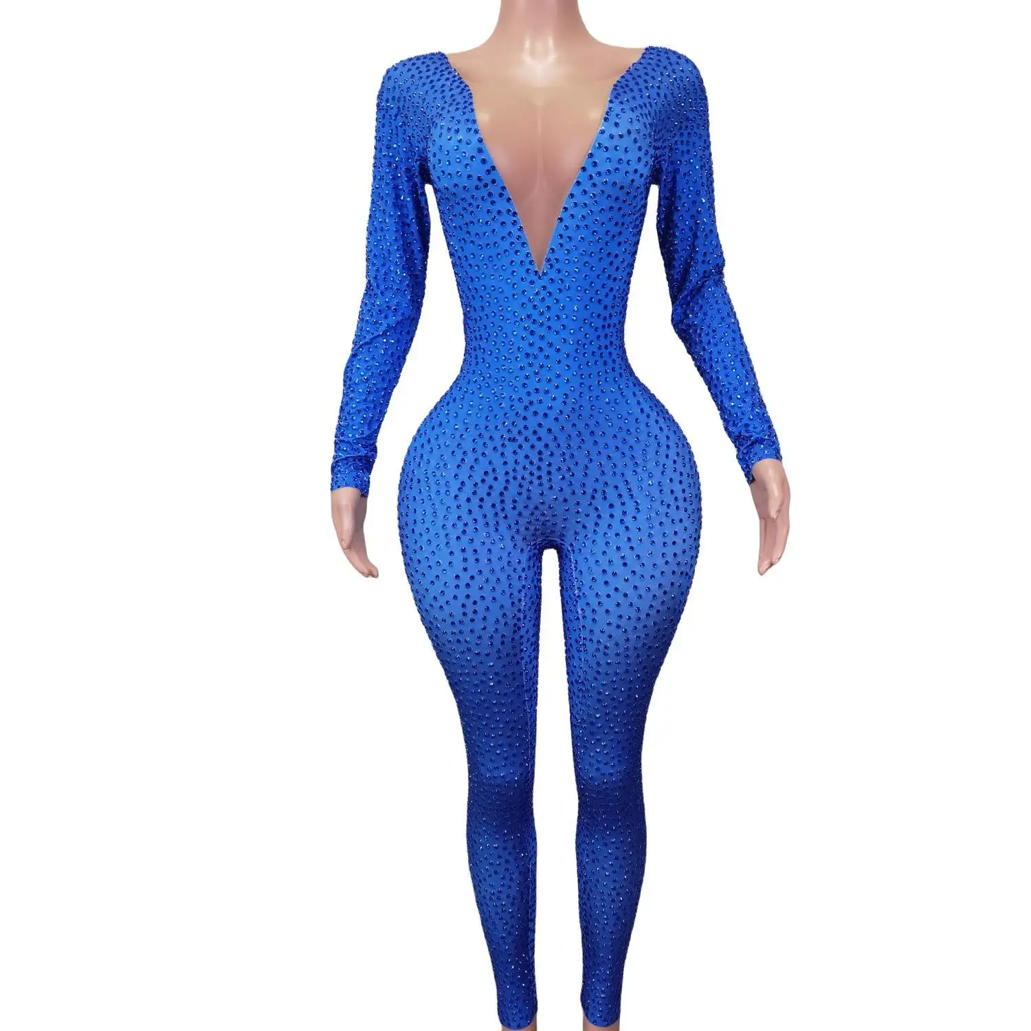 

Sparkly Blue Rhinestones Jumpsuit Women One Piece Stretch Bodysuit Nightclub Party Festival Outfit Dancer Performance Costumes