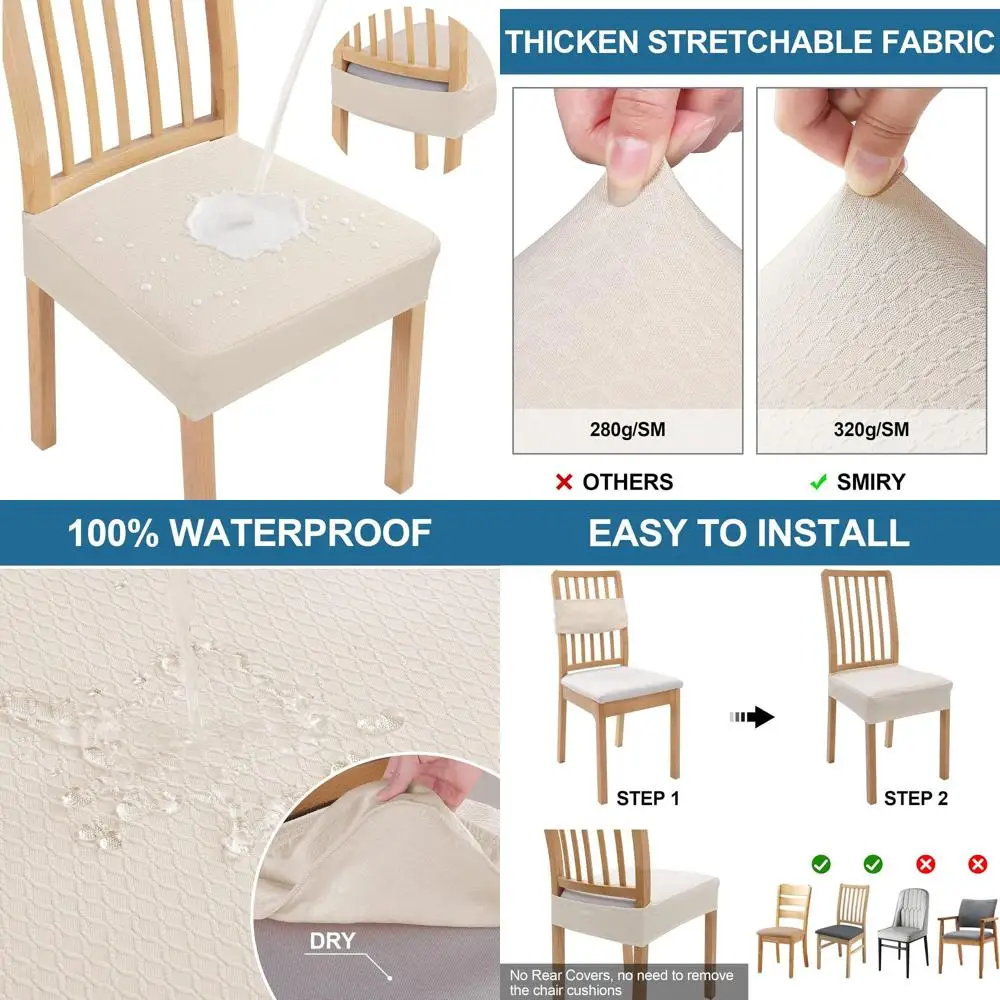 

Waterproof Seat Covers for 8 Dining Chairs, Stretchable Jacquard, Removable Washable Seat Slipcovers, Beige