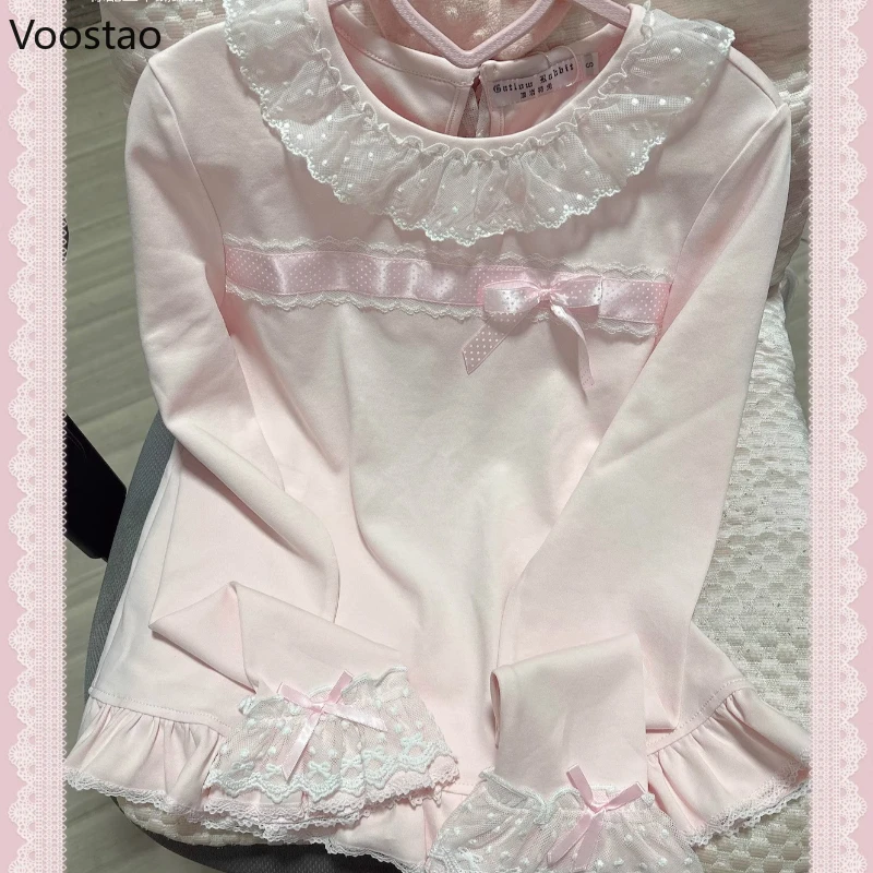 Blusas japonesas Kawaii estilo Lolita para mujer, dulce lazo de encaje con volantes y cuello redondo, camisetas de manga larga para niñas, camisetas informales de princesa Y2k