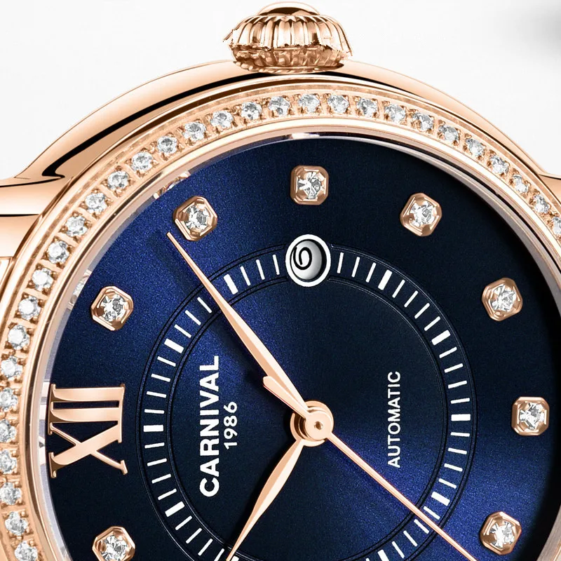 Carnaval marca de luxo relógio mecânico para senhoras moda safira relógios pulso automático à prova dwaterproof água rosa ouro reloj mujer