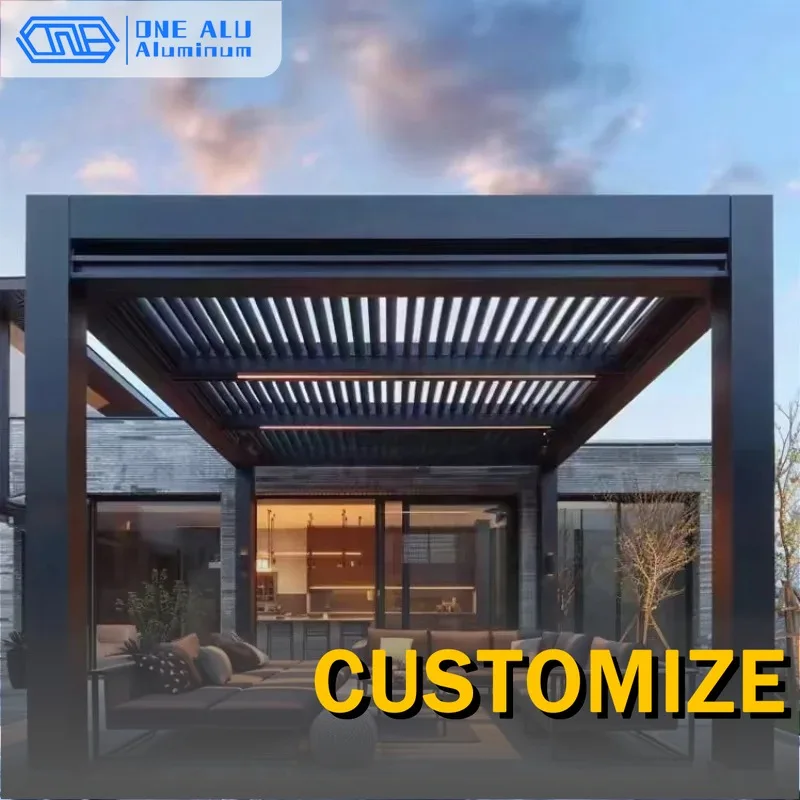 Motorized Aluminum Louvered Pergola Waterproof Outdoor Patio Gazebo Electric Adjustable Roof Sunshade Heavy Duty Customizable