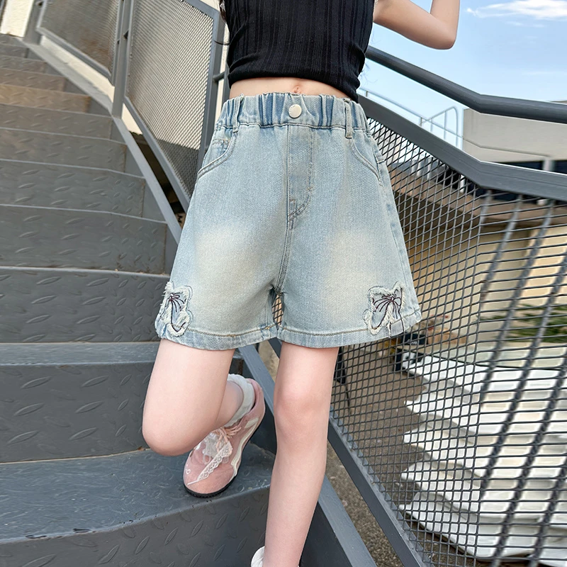 Stylish Children Summer High Waisted Denim Short with Bows for Teens Girl Causal Streetwear Bottoms Kids Bowknot Shorts 5-14 Y