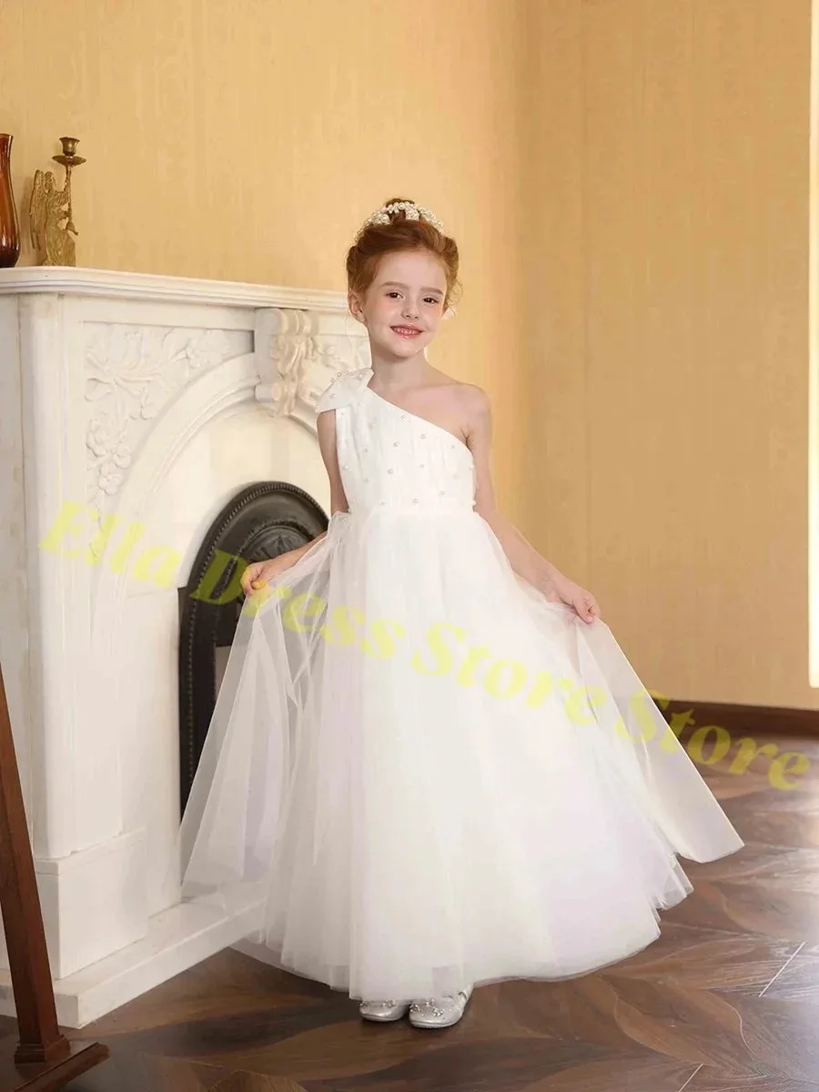 Blumenmädchenkleid mit Perlen, Tüll, Weiß, One-Shoulder, bodenlang, für Hochzeit, Brautjungfer, Festzug, Party, Abendkleid, Großhandel, individuell anpassbar – Detail 8