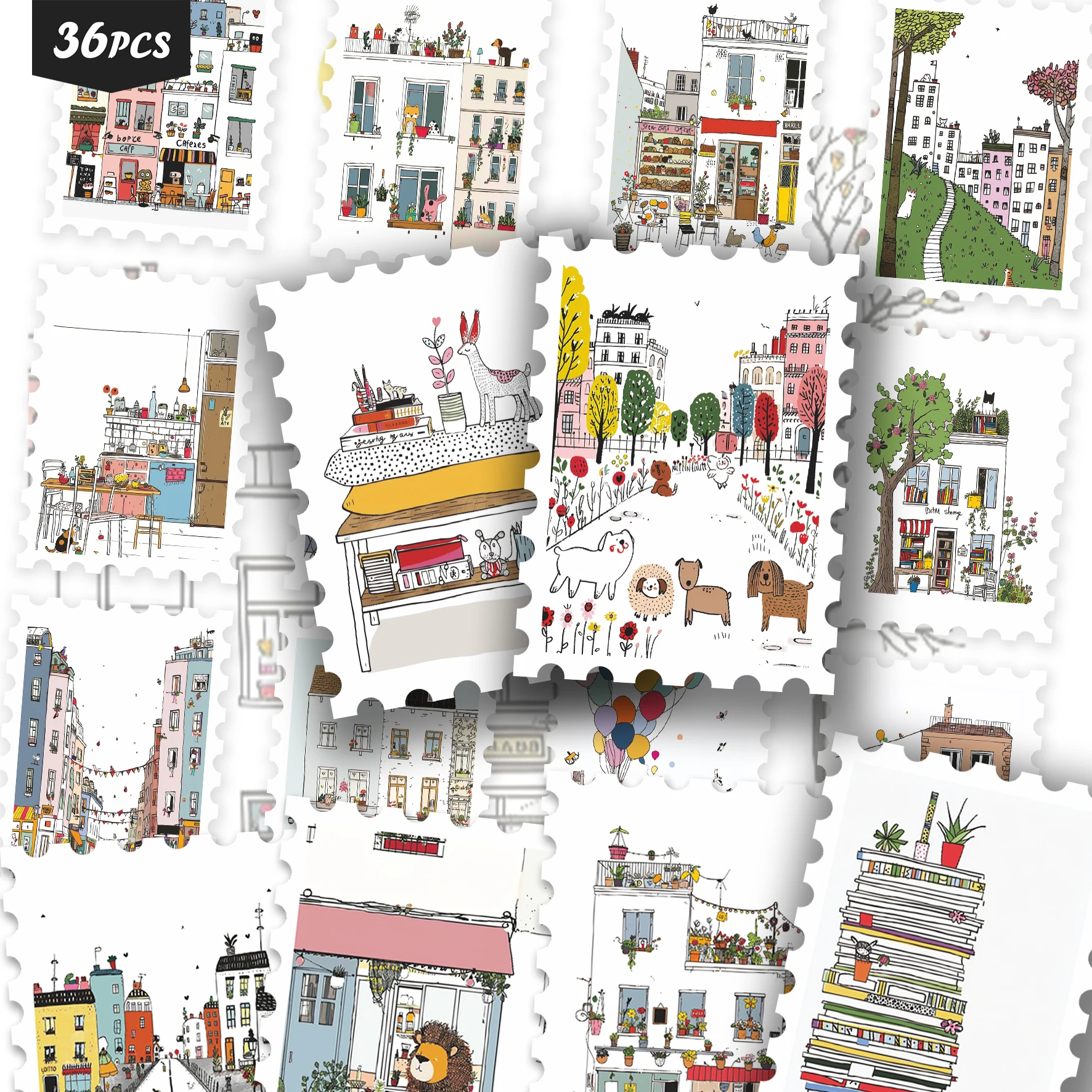 36PCS Cute Whimsical City Life Illustration Stickers, Retro Colorful Urban & Pet Aesthetic Cutout Sticker Set for Journals,