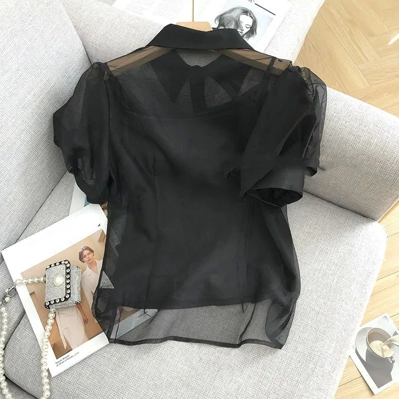 Blouse Women Black Transparent Mesh Short Sleeved Shirt Blusas Mujer De Moda 2024 Vintage Loose Top Chemise Femme Y2k Shirts