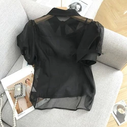 Blouse Women Black Transparent Mesh Short Sleeved Shirt Blusas Mujer De Moda 2024 Vintage Loose Top Chemise Femme Y2k Shirts