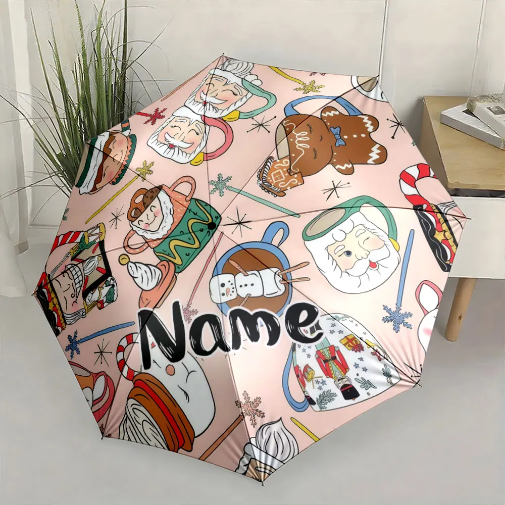 Custom Name Umbrella, Christmas Cartoon Mug and Gingerbread Pattern Umbrella Folding Umbrella for Sunny and Rainy,Gift
