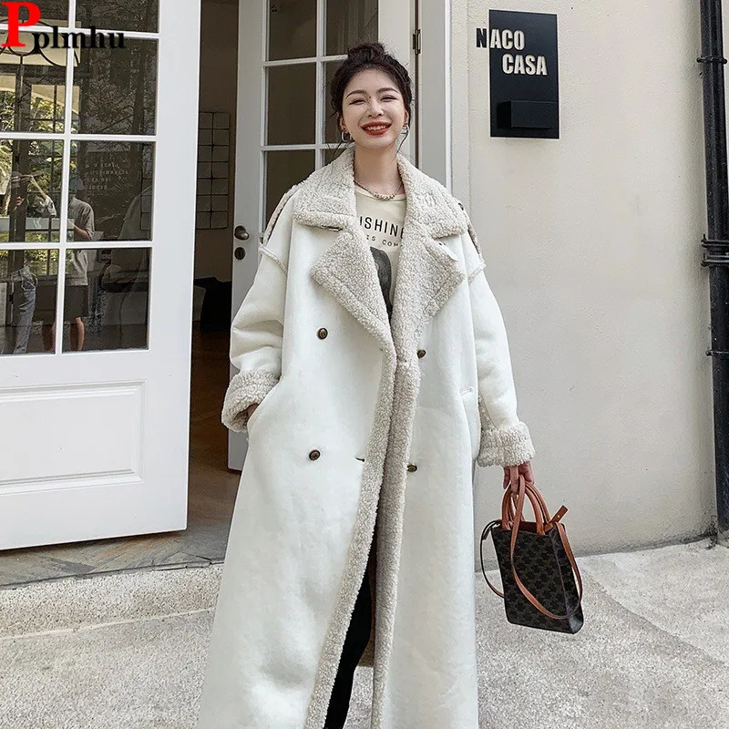 White Lambwool Lined Long Jackets Coats Tops Fall Winter Casual Chaquetas Loose Korea New Jaqueta Women Elegant Fashion Casaco