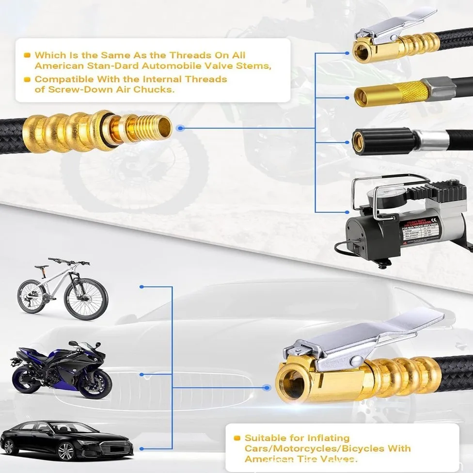 Przedłużka z zaworem do pompowania opon, szybkozłączka, odporna na wysokie ciśnienie, do samochodu i motocykla.