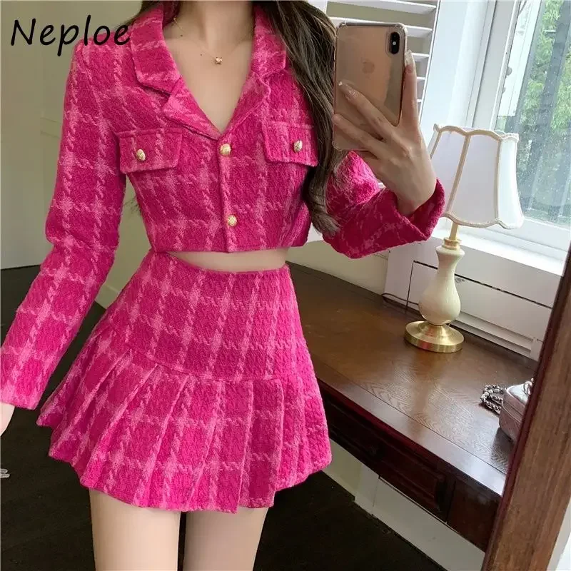 Neploe Chic Jesień 2024 Sukienka jednorzędowa Zestawy z karbowanym kołnierzem Krótkie modne zestawy damskie A-line Sweet Plaid Chic Ropa Mujer