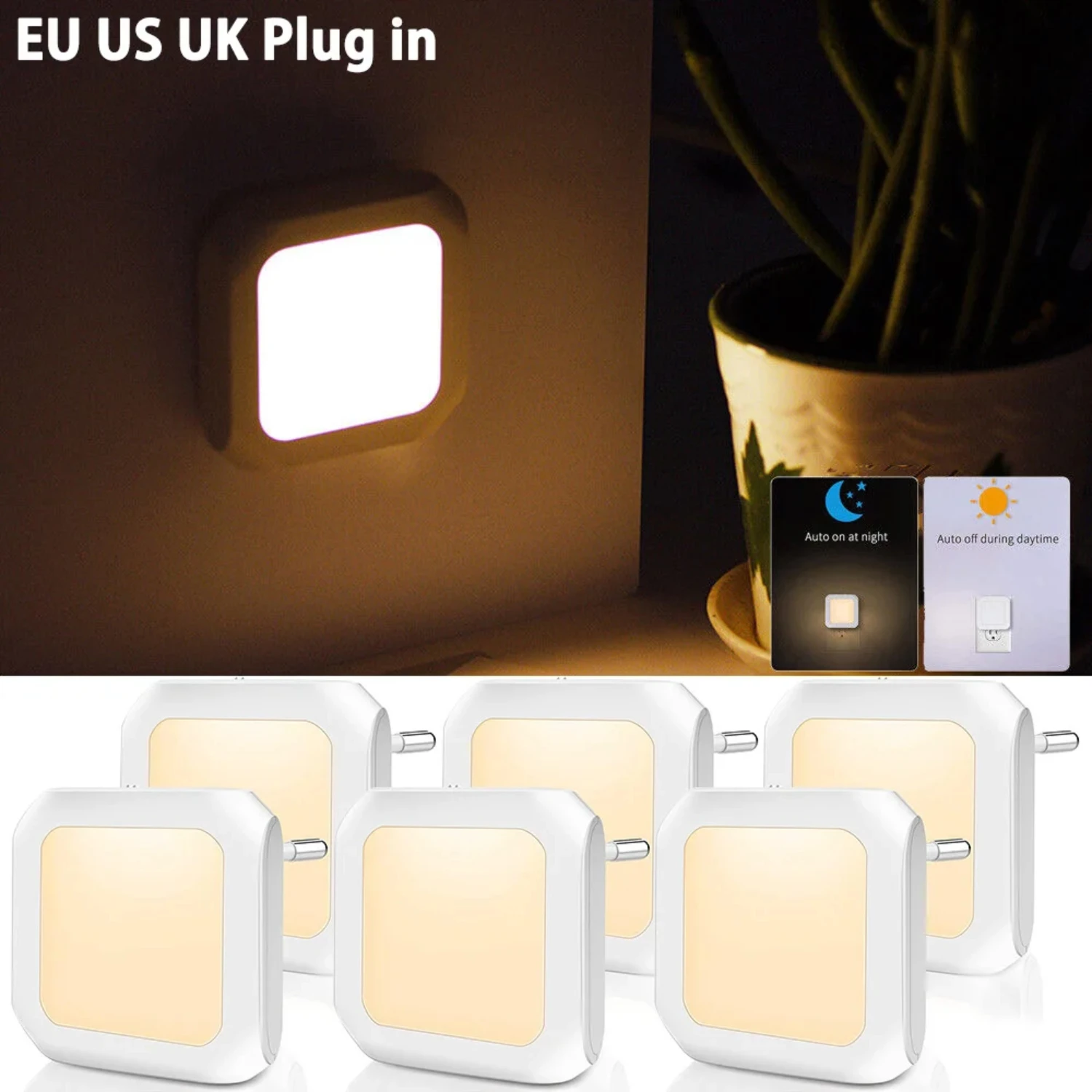 

EU UK Plug in Night Light Bedroom Auto Dusk to Dawn Sensor LED Night Lamp Dimmable Warm White Wireless Cabinet Light Pixel