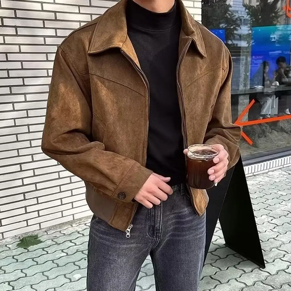 Men Zip-up Jacket Stylish Men\'s Lapel Jacket with Zipper Closure Side Pockets Solid Color Outwear for Short Style Long Sleeve