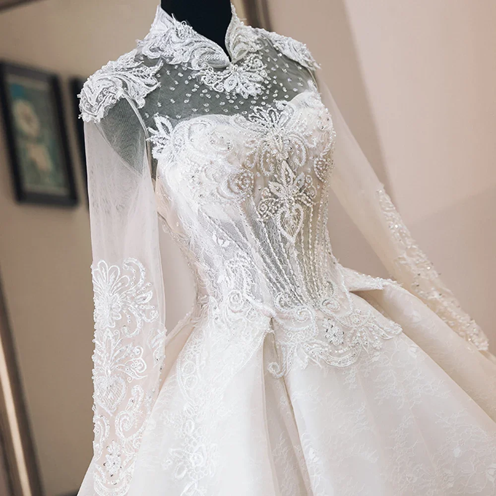 Vestido de Casamento, роскошное бальное платье с аппликацией из бисера, свадебные платья, платье невесты с длинным рукавом и высоким воротом, платье для выпускного вечера по индивидуальному заказу