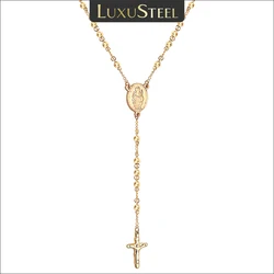 LUXUSTEEL Rosary Beads Cross Pendant Necklace Women Men Stainless Steel Prayer Jesus Long Link Chain Religion Christian Jewelry