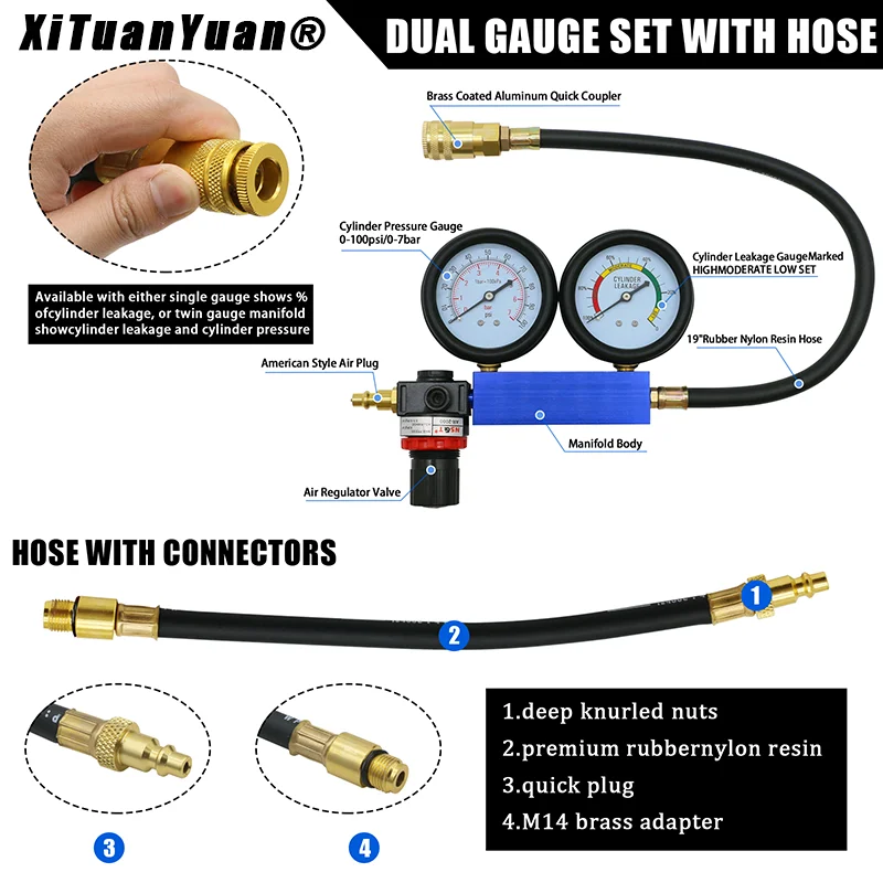 TU-21 Tester per perdite di cilindri Rilevatore di perdite di compressione Doppio calibro Strumento per test di compressione per rilevamento perdite