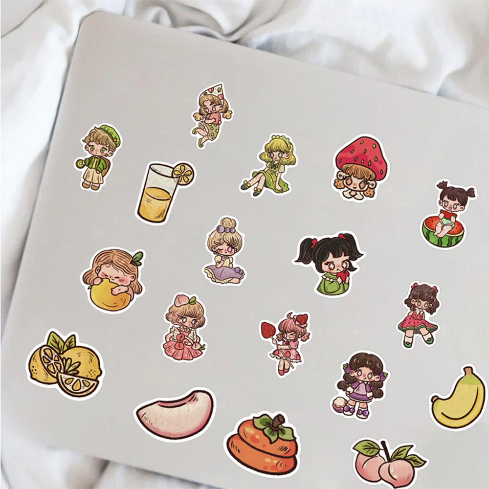 50 Uds. De pegatinas coloridas de dibujos animados de frutas y elfos, uva, fresa, melocotón, cereza, arte de ensueño, impermeable, PVC, equipaje decorativo, guitarra