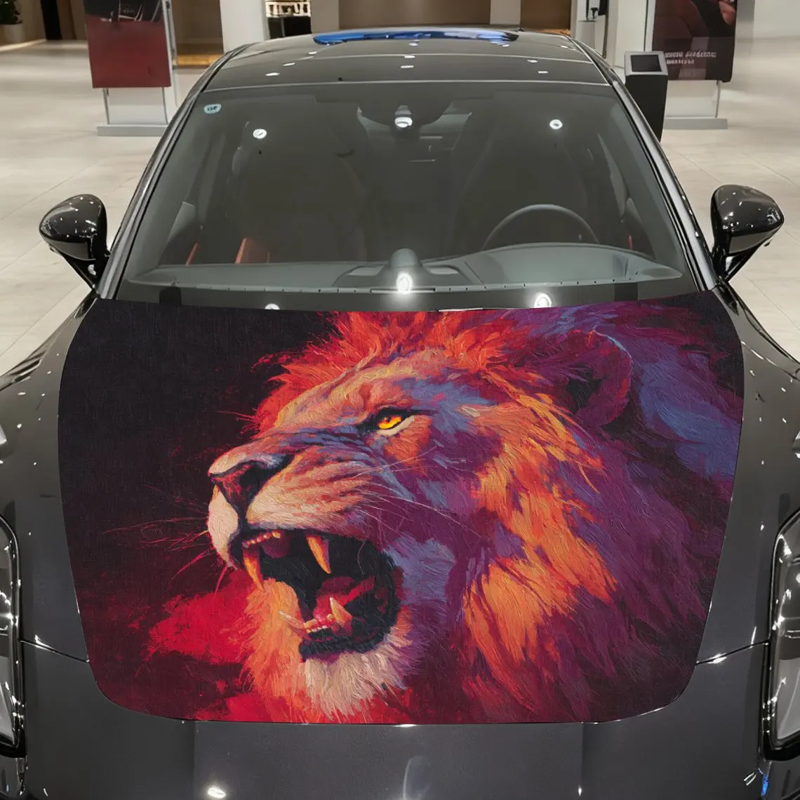 

Flame Red Haired Lion Car Vinyl Wrap, PVC Waterproof Car Hood Sticker, Self-Adhesive Scratch-Resistant Stickers For Engine Cover