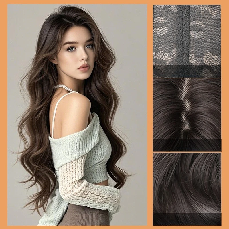 Zwartbruine golvende zijden krullende pruik op hoge temperatuur, natuurlijk haar voor cosplayfeesten, dagelijks gebruik