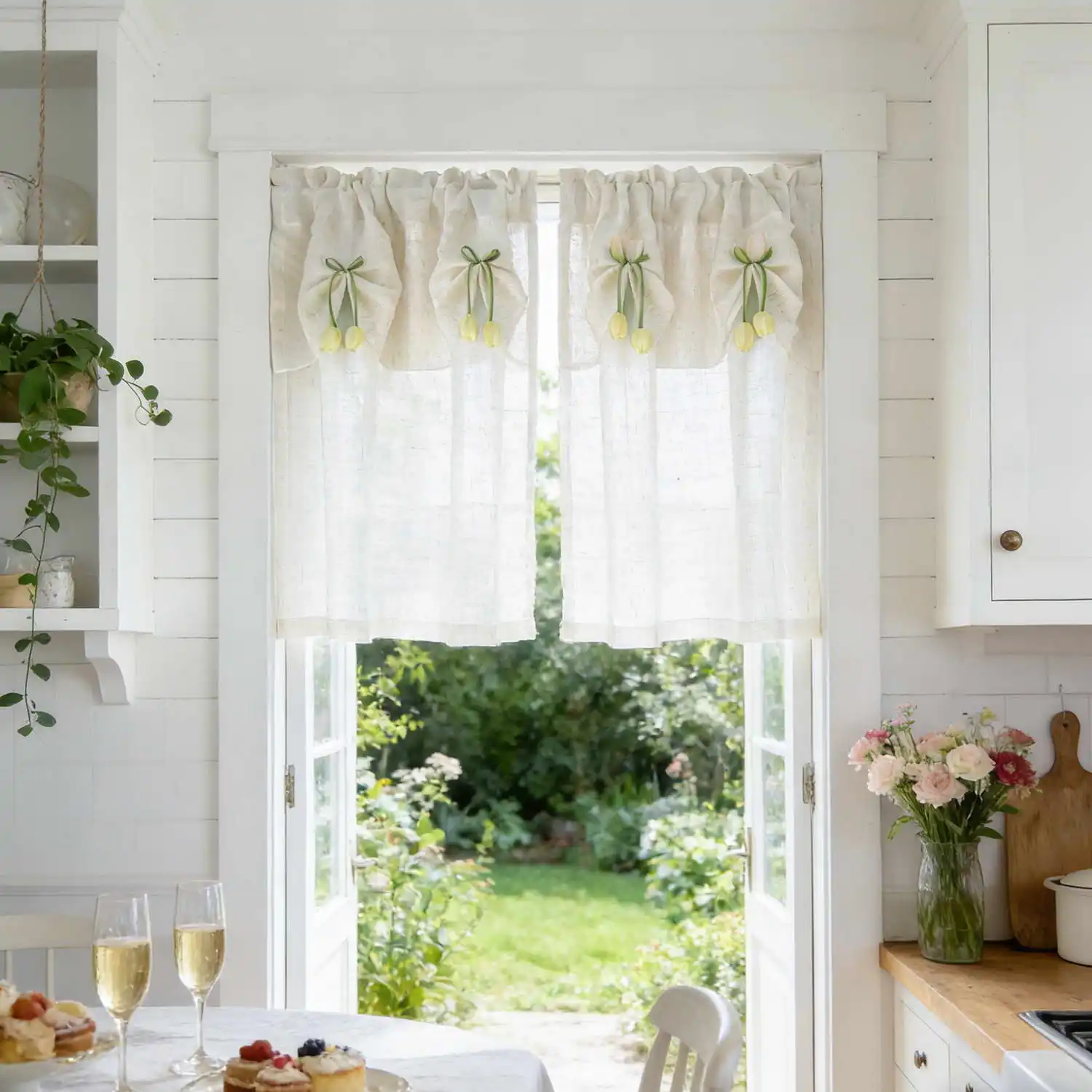 

2PCS Pastoral Yellow Tulips Sheer Curtain for Living Room Door Study Cafe Window Voile Drape Valance Blinds