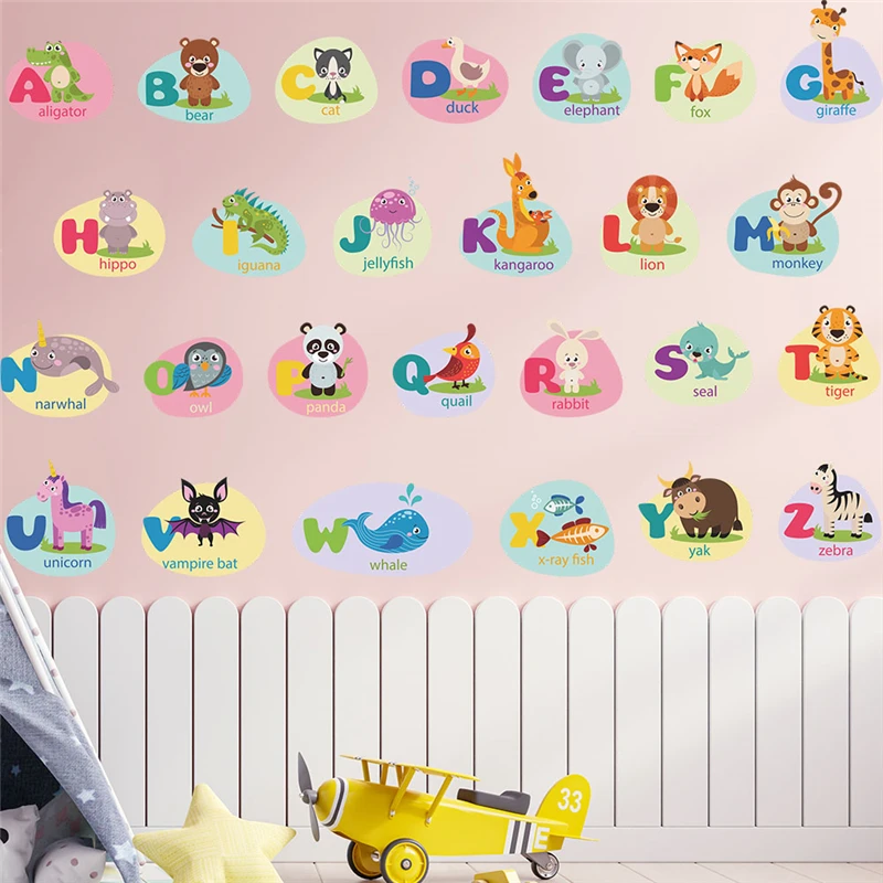 Learning English Letters With Cute Animals Wall Sticker For Kids Room Decoration Alphabet Mural Art Home Decal Nursery Poster