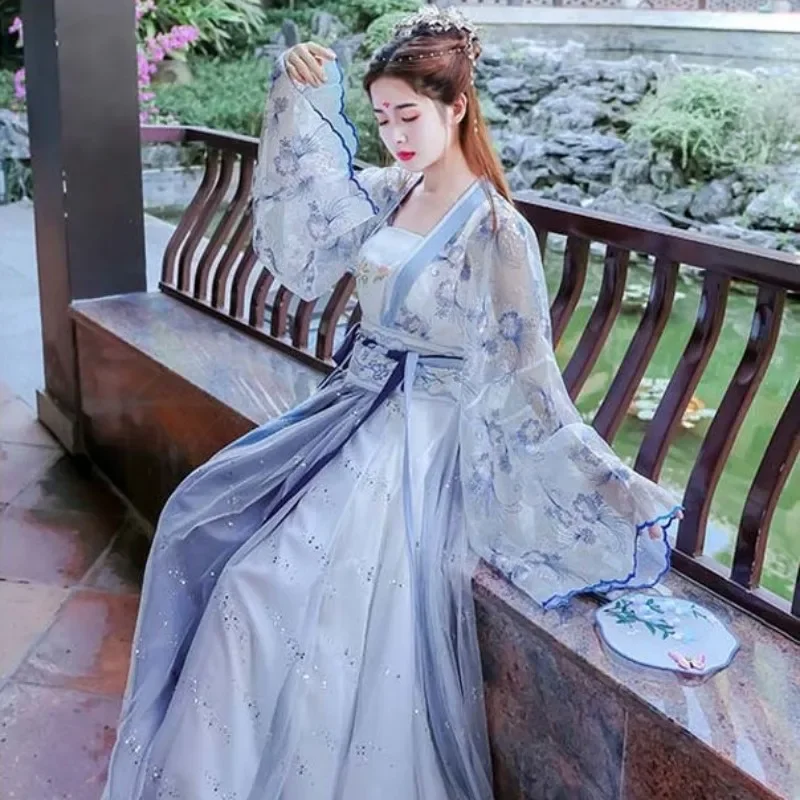 

New Chinese Style Fairy Hanfu Suit Polyester Flowery Printing Waistline Casual Dresses Length To Ankle Breathable Women Clothing