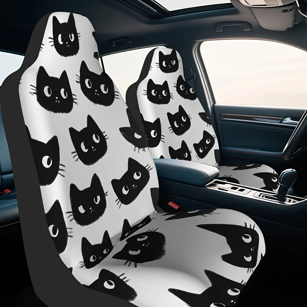 

2pcs Black Cat Face Car Seat Covers - Fit Universal Fit, Easy Install & Washable, Stylish Black & White Cat Design With Expressi