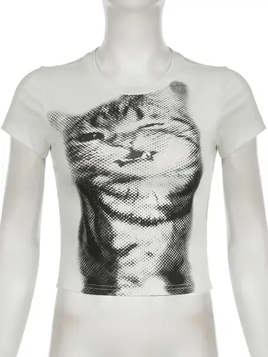 Harajuku Animal Print Crop Top Basic White Short Sleeve Crewneck T-shirt Women Casual Slim-fitting Tees Lady y2k Vintage - Image 6