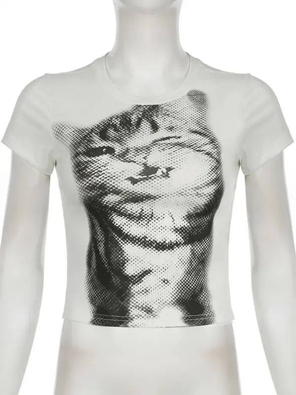 Harajuku Animal Print Crop Top Basic White Short Sleeve Crewneck T-shirt Women Casual Slim-fitting Tees Lady y2k Vintage - Image 6