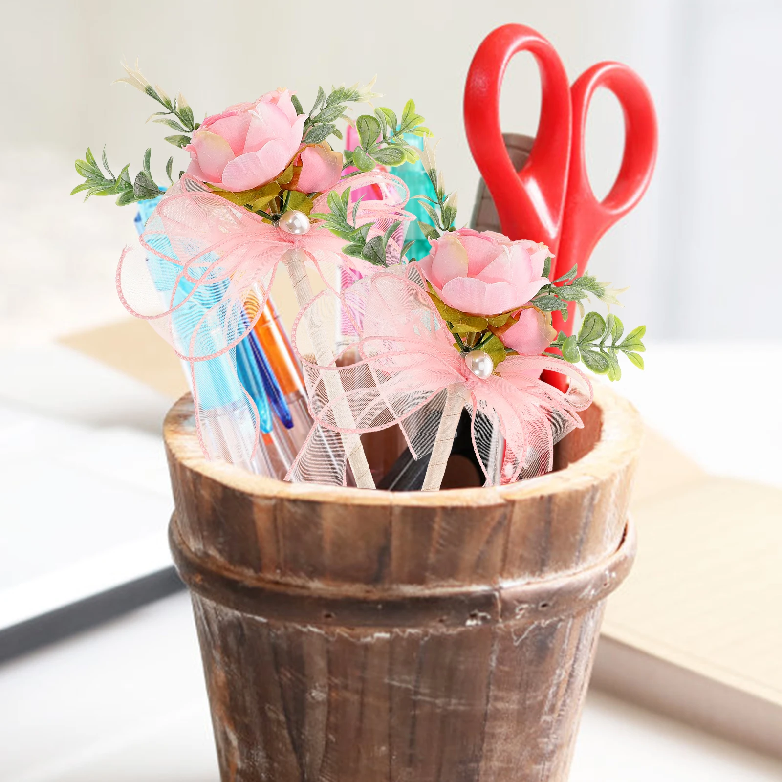 

Flower Ballpoint Pens Imitation Rose Artificial Writing School Floral Pink Cloth Office