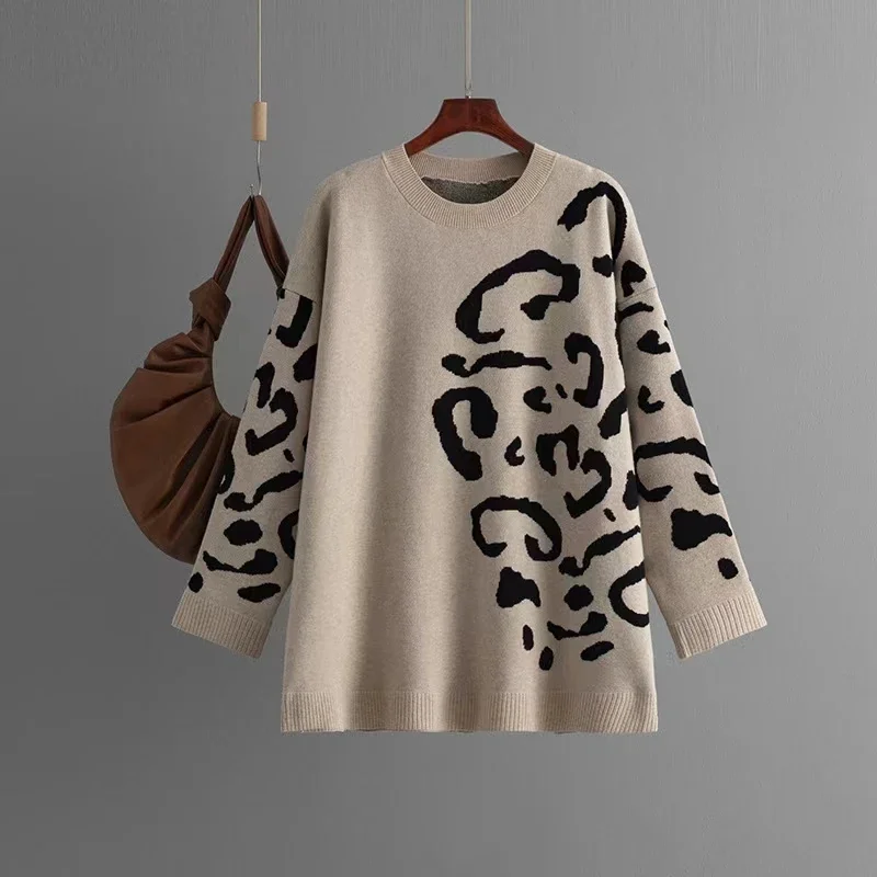 

New round Ne Long Sve Knitted Jacquard Sweater Leopard Print Comfortable Fit Commute Sle Women's Faion Knitwear