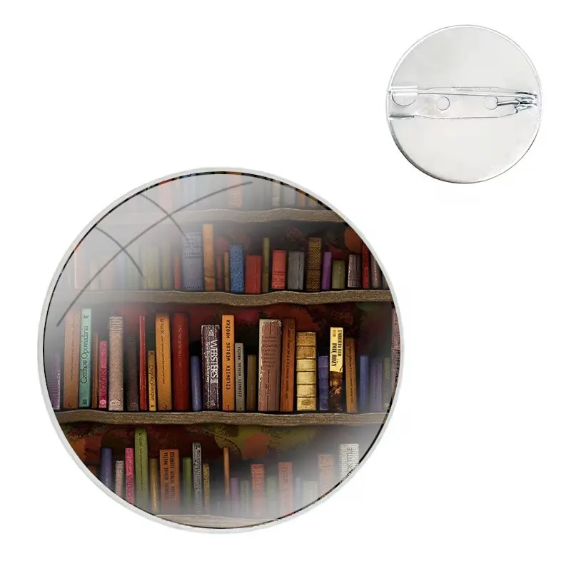 Colorful Book Library Glass Dome Brooches Badge Pins For Clothes Hat Shirt Lapel Bag