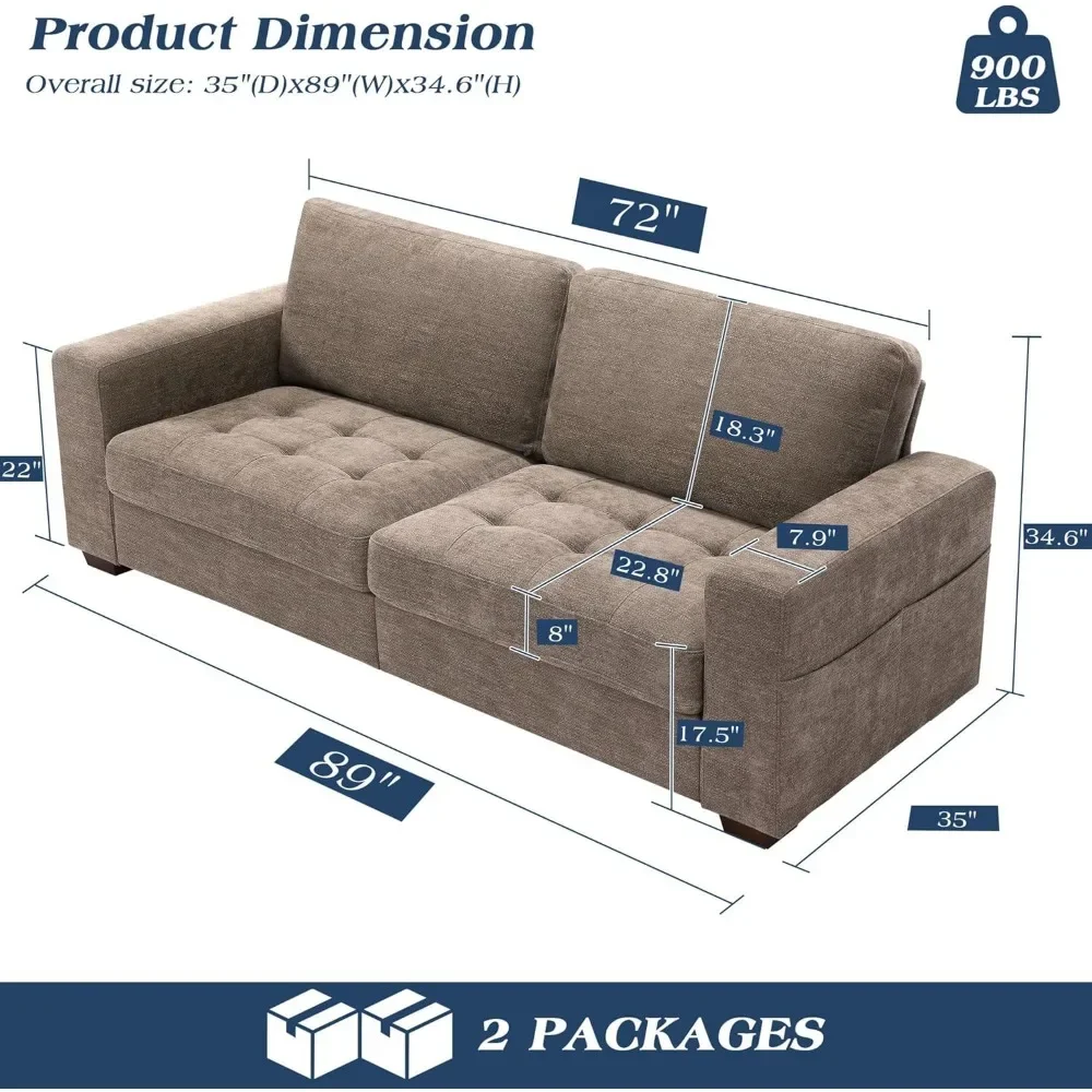 89 Inch Sofa Couch, Modern 3 Seater Couch With Removable Covers And USB Ports, Large Chenille Comfy Sofa For Living Room|