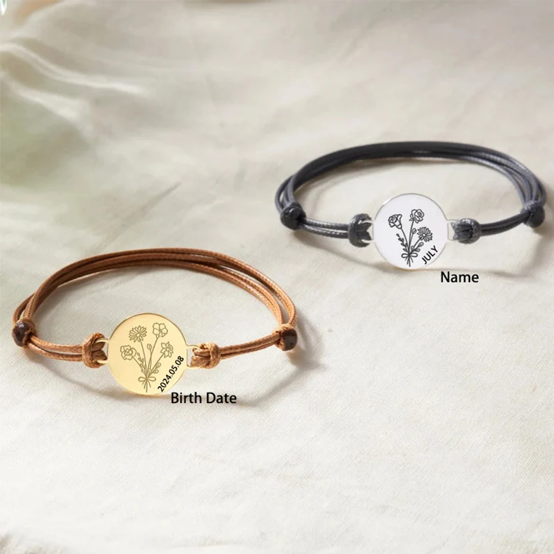 

Steel Fun Titanium Steel December Birthday Flower Laser Engraved Bracelet for Women Men Woven Rope Adjustable Custom Bracelet