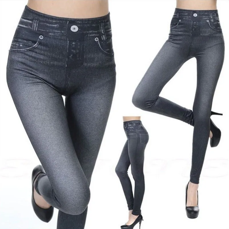 1pcs Women's Denim Print Leggings Females Fashion Slim Leggings Faux Jeans Leggings Lady Stretch Printed Tights Black Blue Pants