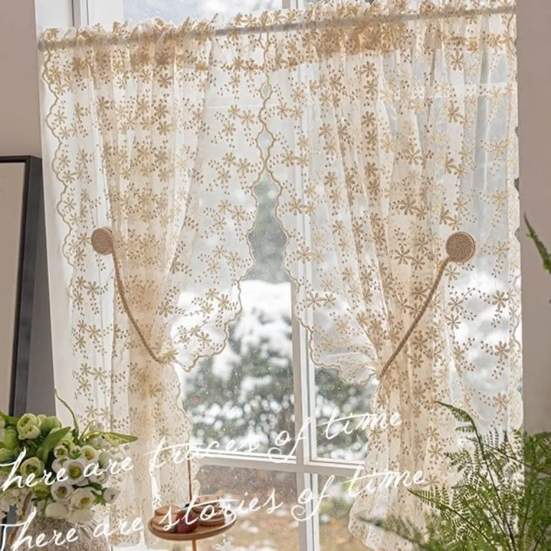 French Vintage Romantic Beige Lace Floating Window Curtains for Living Room Bedroom Partition No Hole Punch Curtains Home Decor