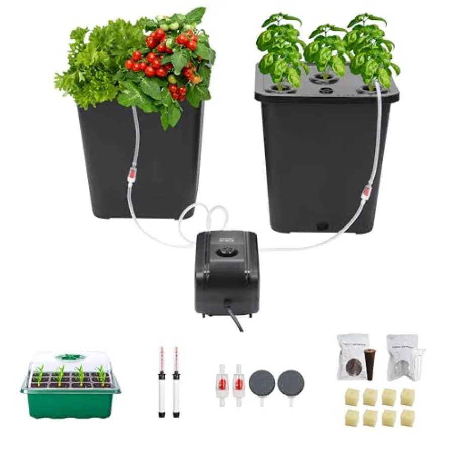 

2 Hydroponic Buckets Kit for Herbs/Tomato/Vegetables Indoor Hydroponics System with Air Pump Germination Tray Black Complet