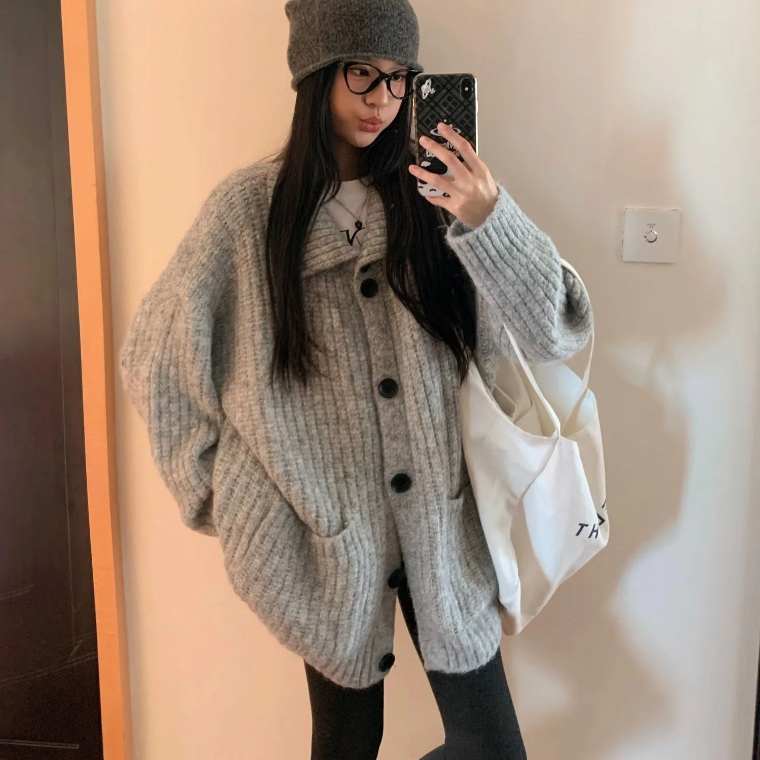 Korean Style Chic Lazy Pure Color Collar Knitwear Coat Women's Autumn Winter Fashion Versatile Mid-Length Knitted Open Cardig...