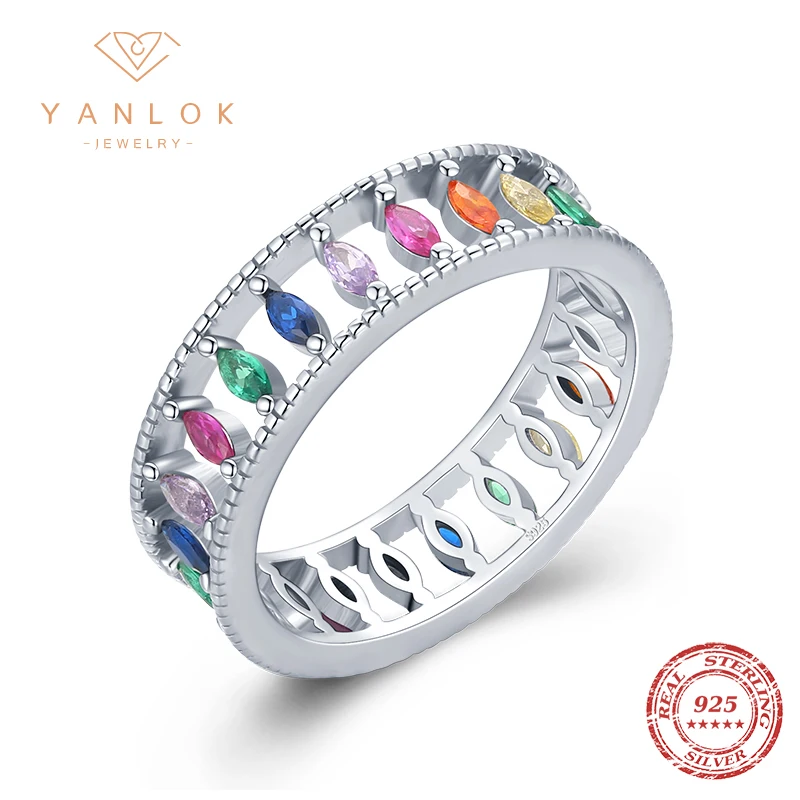 

YANLOK Ins Style 925 Sterling Silver Rainbow Ring Multiple Color Marquise Zircon Finger Ring for Women Fashion Jewelry