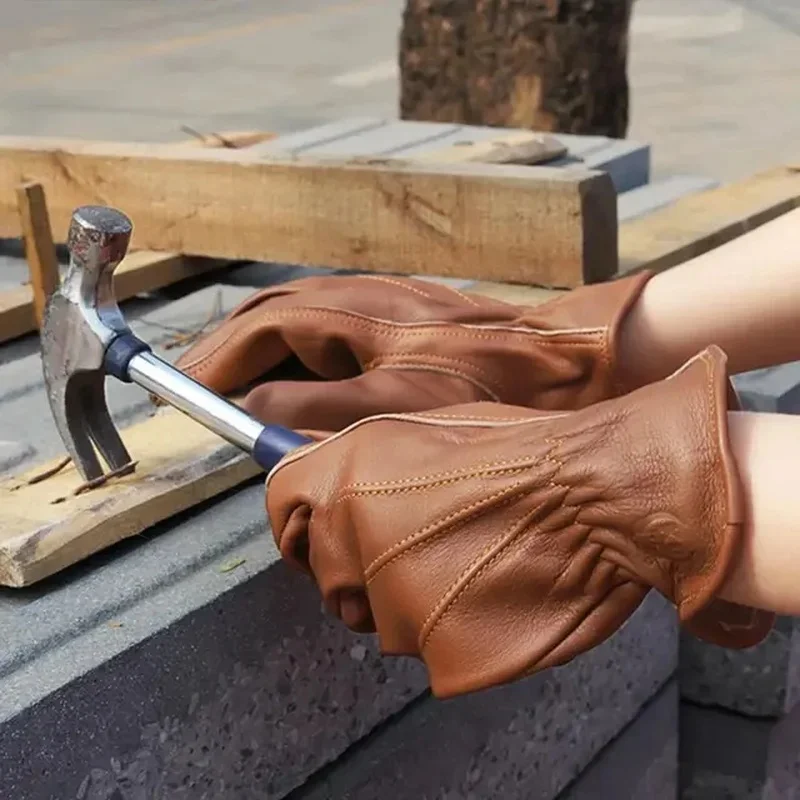 Guantes de trabajo de cuero de vaca, resistentes al desgaste, aislamiento térmico, guantes de trabajo de cuero de vaca para acampar y senderismo