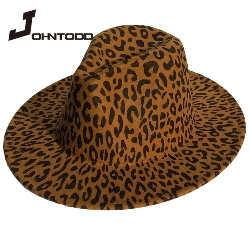 Unisex flat brim wool felt jazz fedora hat men and women leopard print leather band decoration tribe Panama formal hat cowboy