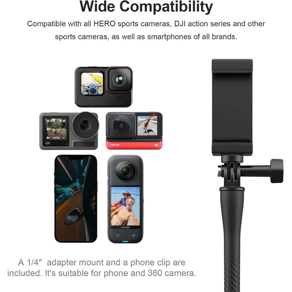 TELESIN Flexible Mount Clamp for GoPro Insta360 DJI Action Camera Phone Holder Clip Stand Selfie Stick for Bike Motorcycle Tube