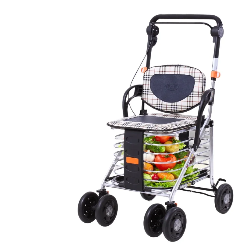 Elderly people can take a trolley to buy food, and the elderly can take a four-wheeled aluminum alloy seat folding shopping cart