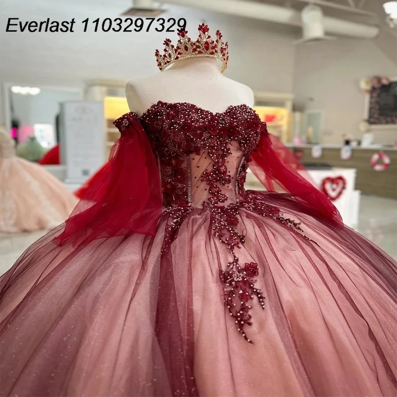 EVLAST-Vestido De quinceañera Burdeos con purpurina, Vestido De baile, apliques De encaje con cuentas, manga larga, Vestido dulce De México 16, 15 años, TQD407