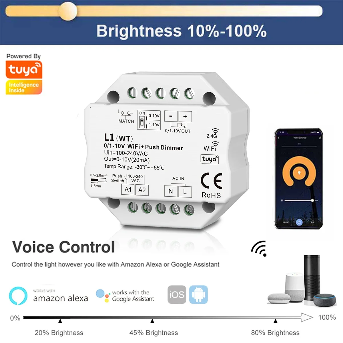 AC85V-220V L1 Wireless Tuya WIFI Push Switch 0-10V 1-10V Dimmer Controller + 2.4G RF Touch dimming Remote For LED Dimmable Drive