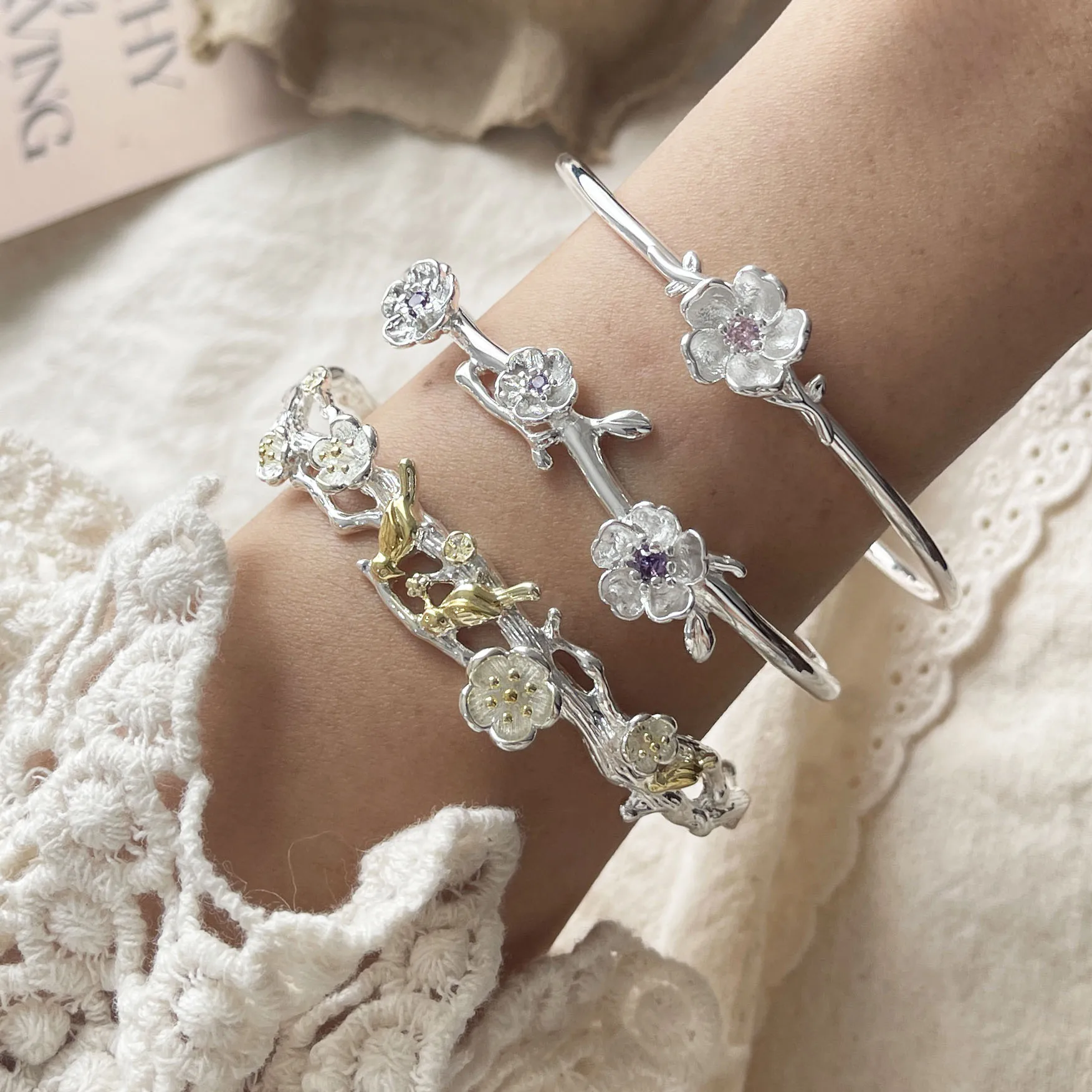 100% Solid 925 Sterling Silver Retro Bracelet for Women Geometric Cute Flower Handmade Sparkling Simple Bracelet Birthday Gift