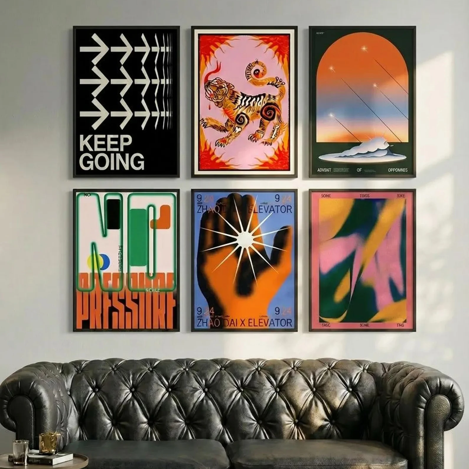Wandkunst-Set im mittelalterlich-modernen Stil, abstrakte Retro-Poster-Serie, orangefarbene ästhetische Drucke, Wanddekoration im Retro-Stil