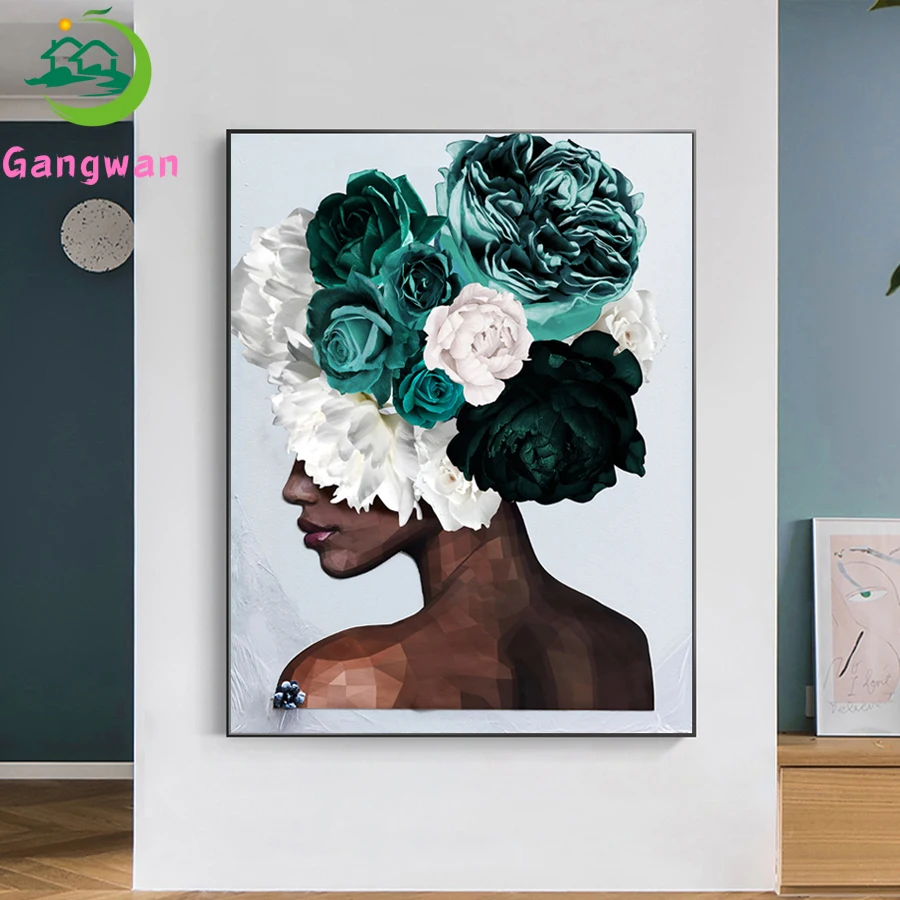 

African Woman with White Green Flowers diamond painting cross stitch diamond embroidery mosaic full rhinestones handmade decor