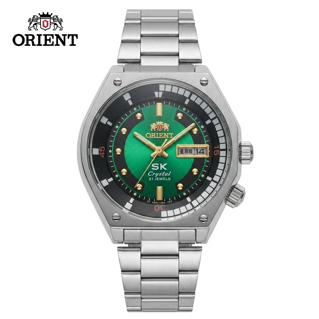 Orient Men SK Crystal Automatic Dive Watch 22 Jewels Day Date Luminous Octagonal Stainless Steel Business Sports Wristwatch