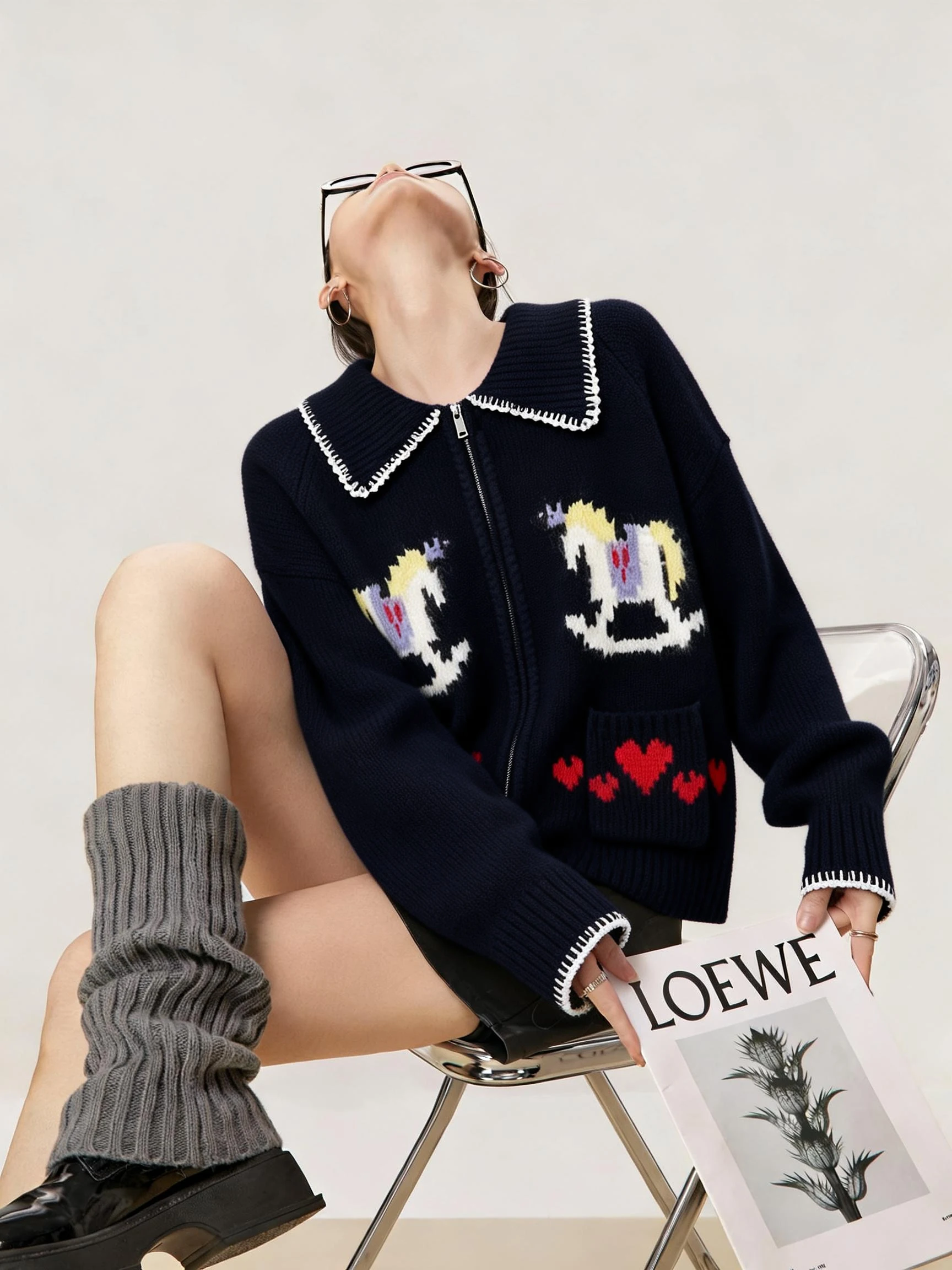 

Женский зимний кардиган-свитер Zhang Tian синего цвета с вышивкой, на молнии, свободного кроя, повседневный, из полиэстера